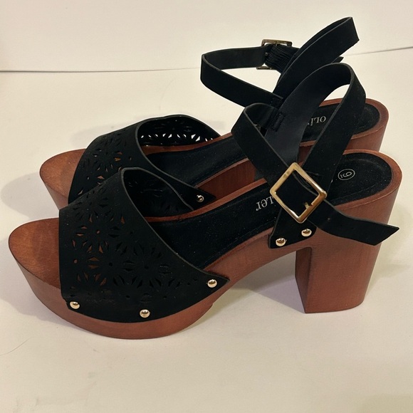 Olivia Miller Wedge Out Womens 9 Black Chunky Block Studded Open Toe - Picture 4 of 10